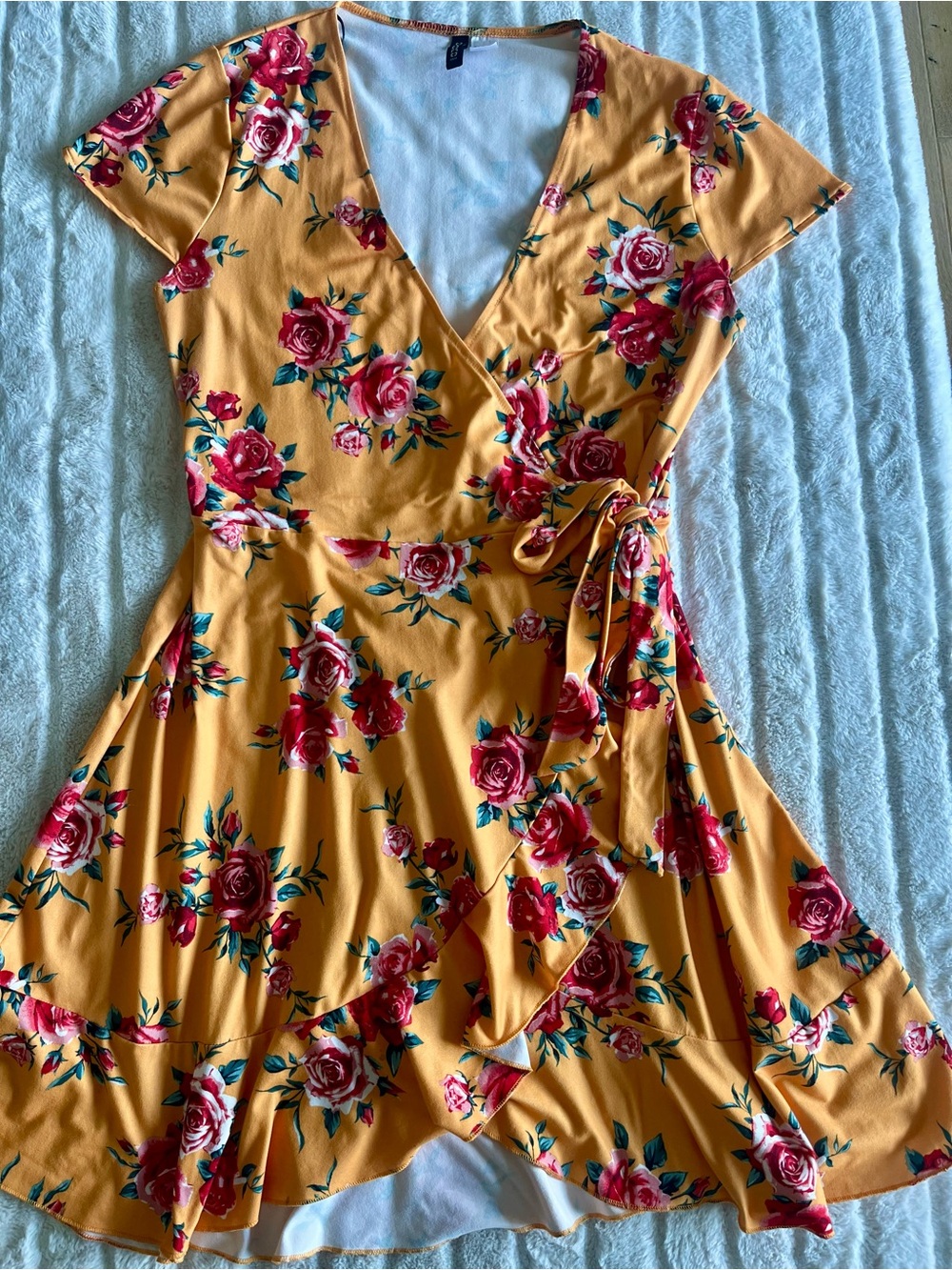 H&M Mustard Yellow Floral Cottagecore Boho Chic Wrap Ruffle Dress Sz 10 - Picture 5 of 15